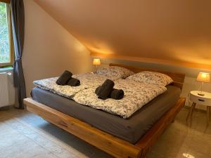 WeyherFerienwohnung Fernblick Pfalz - mit Sauna的一间卧室配有一张带两个枕头的床