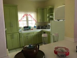 Newcastle VillageCompassionate Touch Spa的厨房配有绿色橱柜和台面上的茶壶