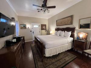 土桑El Amador Inn Downtown Tucson的一间卧室配有一张大床和吊扇
