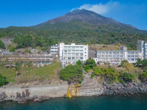 Sakurajima樱岛海滨酒店的享有以山为背景的城市美景