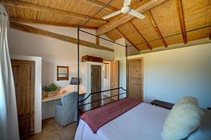 加尔泰利Auberge Santu Martine - Cottage with Pool - Ischierda的一间卧室配有一张床和吊扇