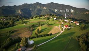 采尔克尼察Tourist Farm Strle With Great Local Food的享有山区农场的空中景色