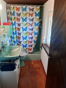 AsuelChalet chez Jules的浴室设有水槽和带蝴蝶的浴帘