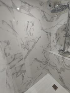西布勒Studio Haut De Bordagain Ciboure的带淋浴和盥洗盆的大理石浴室