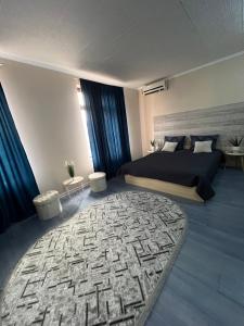 蒂米什瓦拉PENSIUNEA UNO的一间卧室配有一张床和一张大地毯