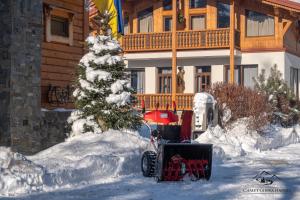 沃罗赫塔Apartments Chalet Girska Hatyna的房子前的雪覆盖的圣诞树