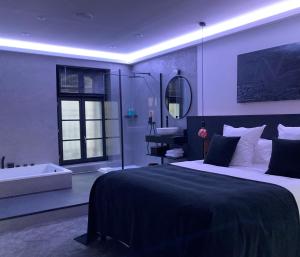 佩皮尼昂Ennéa - Jacuzzi & Luxury Suites的一间卧室设有一张大床和一个浴缸