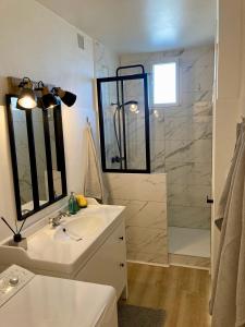 蒙贝利亚尔Appartement avec terrasse et parking gratuit accolé的浴室配有白色水槽和淋浴。