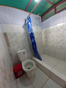 Puerto NariñoHostal tachiwa的浴室设有卫生间和蓝色的浴帘。