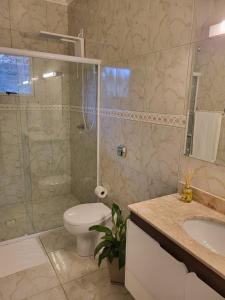 波梅罗迪Recanto Wunderwald Casa Pomerode的浴室配有卫生间、淋浴和盥洗盆。