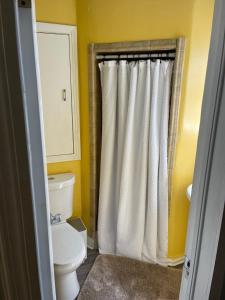 杰克逊维尔The Quiet Sunshine Studio的浴室设有卫生间和白色的淋浴帘