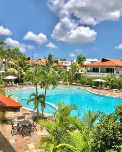 巴亚希贝Paraíso Bayahibe的度假村内一座种有棕榈树的大型游泳池