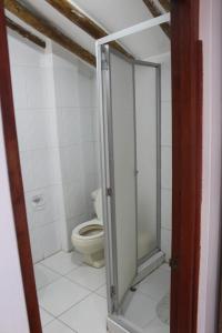 库斯科Hostal Turistico ILLAPA CUSCO 119的一间带卫生间和玻璃淋浴间的浴室