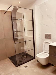 雅典Loft Athens -Nomad Friendly # SuperHost hub#的浴室配有淋浴间和卫生间。