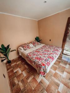 皮斯科艾齐Cabaña en valle del elqui Horcon的一间卧室配有一张床,铺有木地板