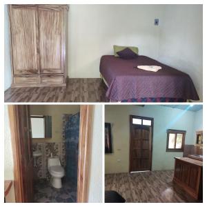 圣地亚哥阿蒂特兰Hosteria del Centro的卧室配有一张床和一间浴室的两张照片