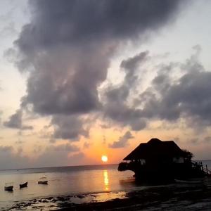 平圭Bibi Mrembo Guesthouse的海滩上的日落,在水中乘船