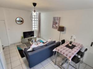 布格奈斯Superbe Type 2 - Cosy et Chaleureux的客厅配有蓝色的沙发和桌子