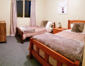 NgatakiTealuca Holiday Home的酒店客房设有两张床和窗户。
