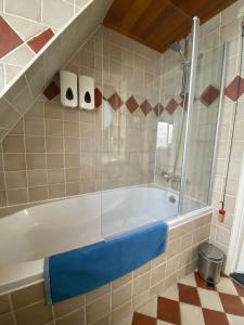 OosterendB&B Zonnedael的一间带浴缸和玻璃淋浴的浴室