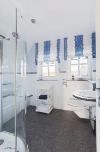 维克Landhaus Kranichblick的带淋浴、卫生间和盥洗盆的浴室