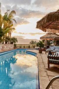 埃拉特Villa Balfour的度假村的游泳池,配有椅子和遮阳伞