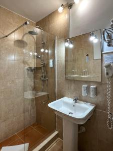 多列毛利诺斯Beatriz Charming Hostal的一间带水槽和玻璃淋浴的浴室