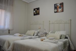 萨里亚奥卡米诺旅馆的一间设有两张床铺和毛巾的房间