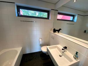 厄斯特里希-温克尔BALTHASAR RESS Guesthouse am Rebhang im Rheingau的一间带水槽和卫生间的浴室以及窗户。