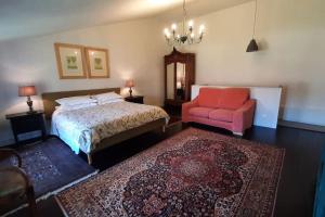 Criteuil-la-MagdeleineBeautiful, luxurious and ideally situated cottage的一间卧室配有一张床、一把椅子和地毯