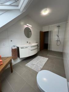 特拉本特拉巴赫Ferienweingut Göbel的一间带卫生间、水槽和镜子的浴室