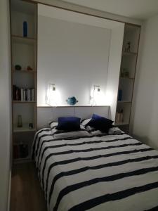 基伯龙Vue Belle île的一间卧室配有一张带蓝色枕头的黑色和白色条纹床