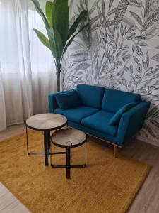 圣艾蒂安Le Viva的客厅里设有一张蓝色的沙发和两张桌子