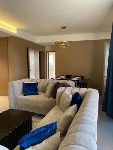 内罗毕two bedroom in Westland的客厅配有大沙发和蓝色枕头