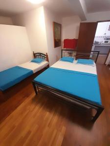 Rodrigues IslandTwo bedroom apartment for kite surfers - La Belle du Sud的一间卧室配有两张带蓝白色床单的床