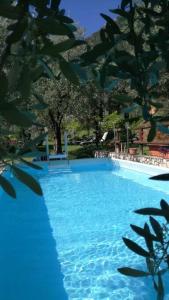 利莫内-苏尔加达Appartamenti Helios的一个带椅子和树木的蓝色游泳池