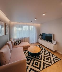 马里扬泊列Vytautas Park Apartment的带沙发和平面电视的客厅
