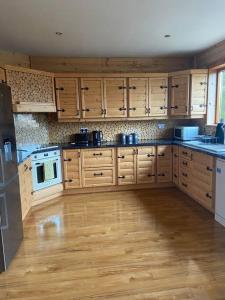 巴利纳莫尔Fern Lodge. Drumcoura Lake Resort,的铺有木地板的厨房,配有木制橱柜。