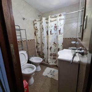 科隆Los manzanos .的浴室设有卫生间、水槽和淋浴帘