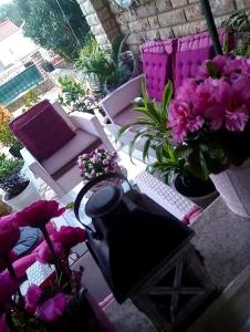 维尔DosPalmeras的阳台配有粉色家具和鲜花,露台