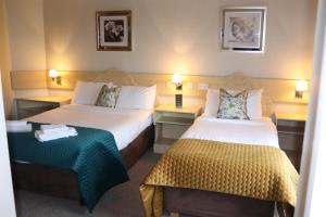 阿马山景旅馆的酒店客房设有两张床和一张桌子。