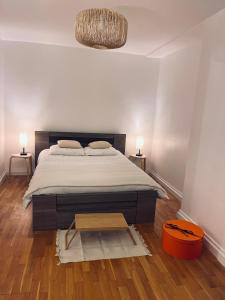 巴黎Chic Apartment on the famous shopping Rue du Faubourg Saint-Honoré street的一间卧室配有一张大床和两盏灯。