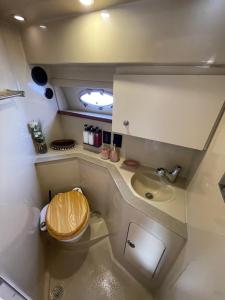 迪拜Yacht( boat )2 Beds, 1 Bath Dubai Eye Marina JBR的一间带卫生间和水槽的小浴室