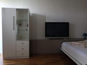慕尼黑Apartment in München的一间卧室设有平面电视和一张床。