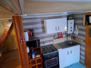 蒙特港Cabaña Alba的小厨房配有炉灶和白色橱柜。