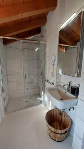明乔河畔的瓦雷奇奥Sui Tetti di Valeggio - Holiday Apartment的一间带水槽和淋浴的浴室