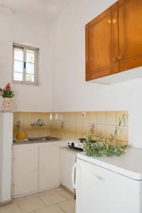 扎金索斯镇Kalofonos Studios的厨房配有白色橱柜和白色冰箱。