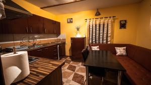 布拉索夫Pinewood Cabin的厨房以及带沙发和桌子的客厅。