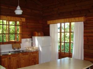 格拉斯科普Lisbon Eco Lodge的厨房配有白色冰箱和2扇窗户。