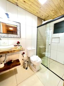 坎波斯杜若尔当Pousada Recanto Ninho Verde Chalés的一间带卫生间和玻璃淋浴间的浴室